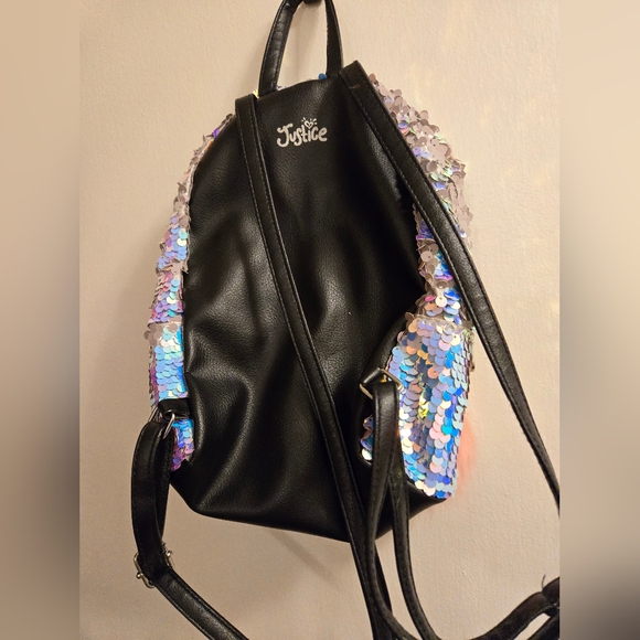 Justice Girls Mini Backpack Flip Sequin with Initial G, Silver & Pink Pom Pom - Picture 4 of 10